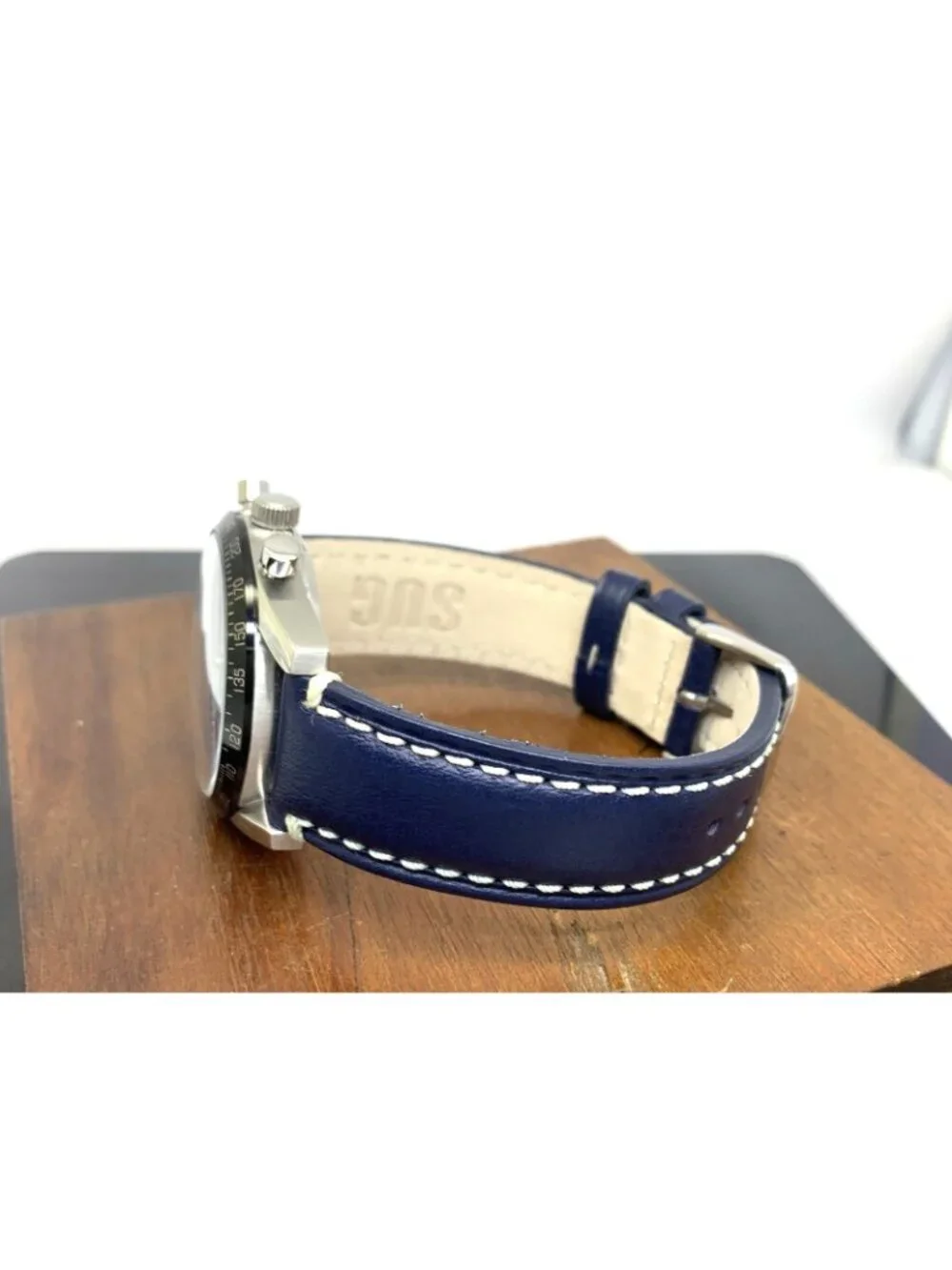 SUG Men's Watch Automatic Chronograph Blue Dial Day Night Leather Strap 40mm